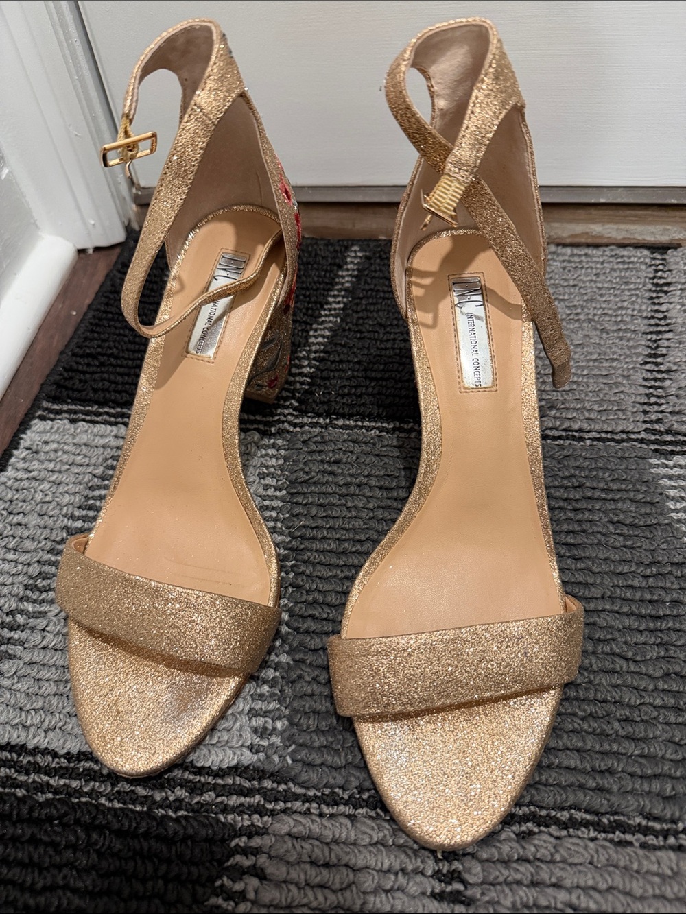 INC International Concepts Glitter Gold Ankle-Strap Block Heels